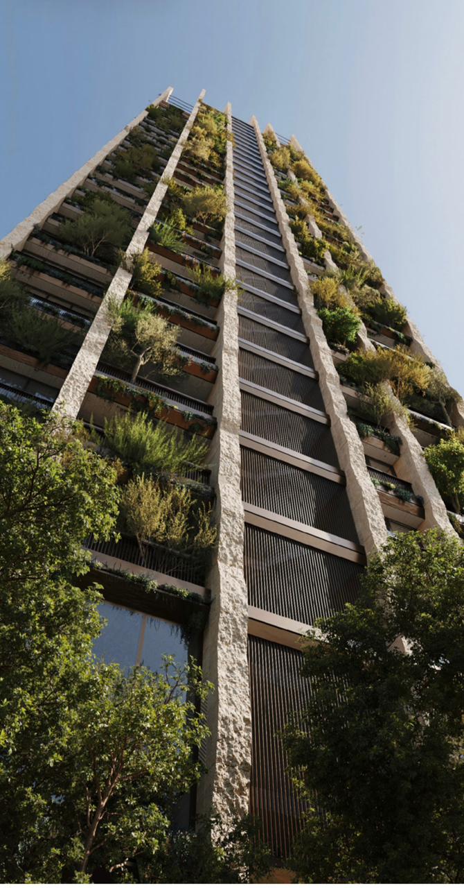 Guri Tower vertical view with cascading greenery